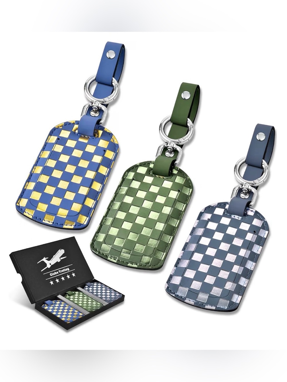 Checkered Leather Luggage Tag Set - Blue, Green, Gray
